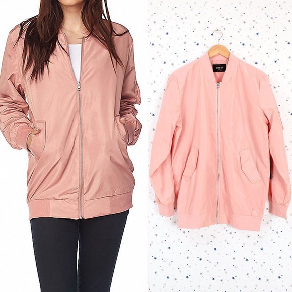 Light Pink Long Zip Up Bomber Jacket - Picture 1 of 8